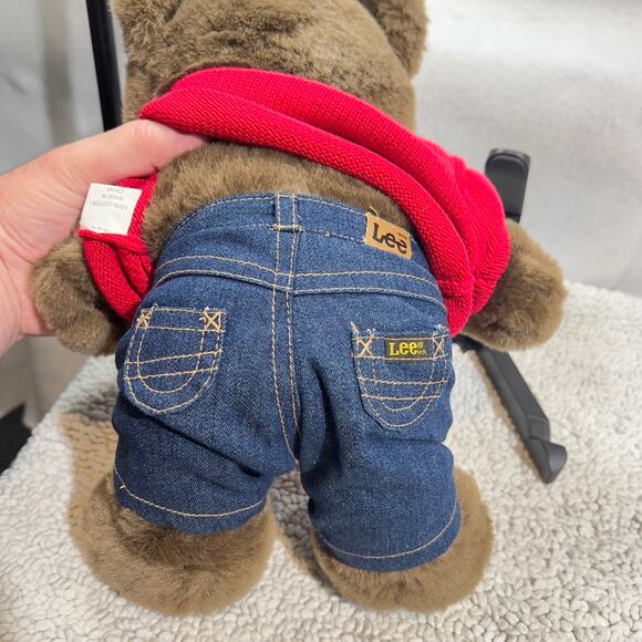 Lee Dungarees Jeans Happy Holidays Teddy Bear 12" x 10" Red Sweater Plush Soft - Picture 9 of 13